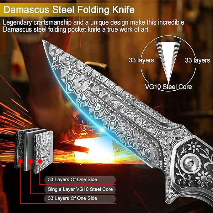 KOMWERO Damascus Pocket Knife, VG10 Damascus Steel Folding Knife with Wood Handle, Leather Sheath