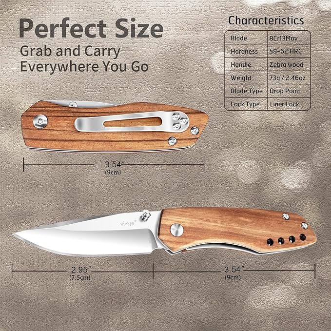 Vickay Folding Pocket Knife with Clip, 2.95" 8Cr13MoV Steel Blade, Wood Handle EDC Knife for Men &