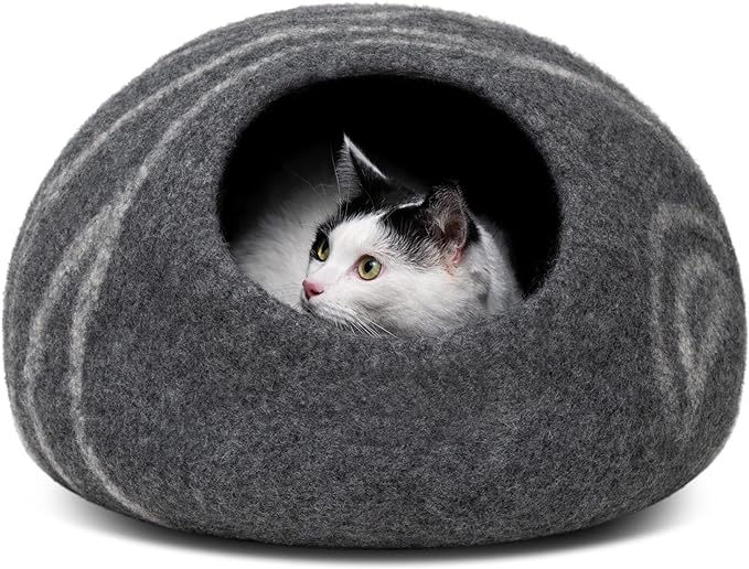 MEOWFIA Cat Cave ??Premium Felt Cat Bed for Indoor Cats, Handmade 100% Merino Wool (Large, Dark