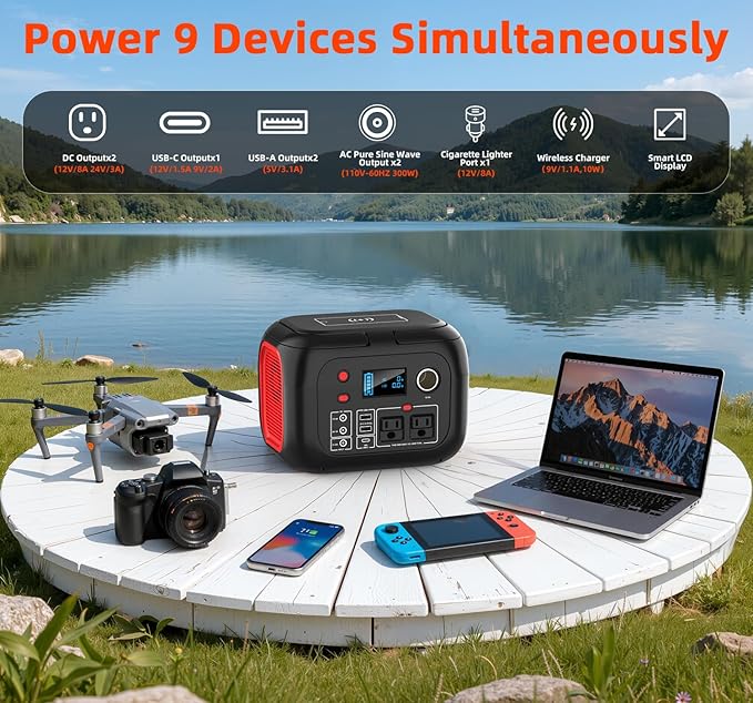 Portable Power Station 300W, 228Wh Solar Generator with 110V Pure Sine Wave AC Outlet, Backup