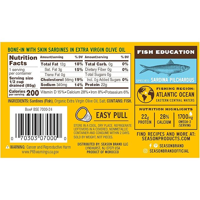 Season Sardines in Extra Virgin Olive Oil - Wild Caught, 22g of Protein, Keto Snacks, More Omega