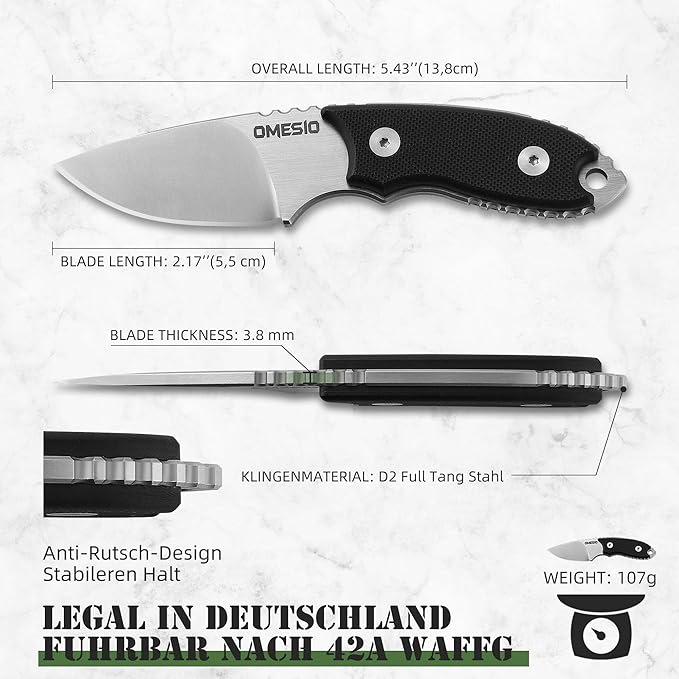 Omesio Neck Knife, 5.43" Neck Knife with Sheath and Necklace, Full Tang Small Fixed Blad Knife D2