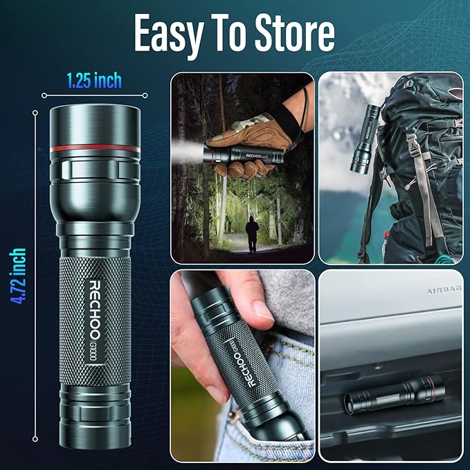Rechargeable Flashlights High Lumens, G1000 Super Bright Flash Light Grey, Small Zoomable LED