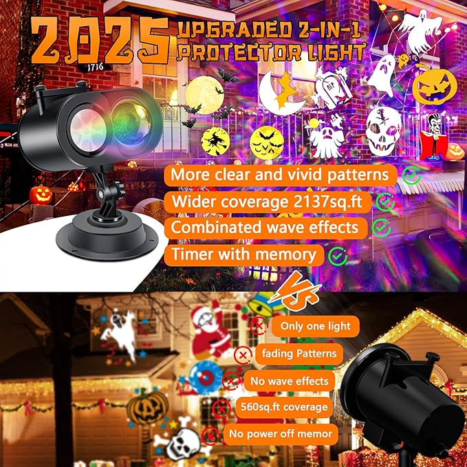 Halloween Projector Lights Outdoor, 2-In-1 HD Moving Pattern Holiday Projector Lights with Remote