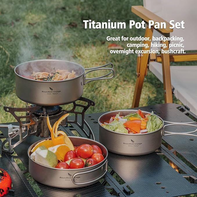 Boundless Voyage Titanium Pots Pans Set Camping Cookware 500ml 600ml 700ml Bowls Outdoor Portable