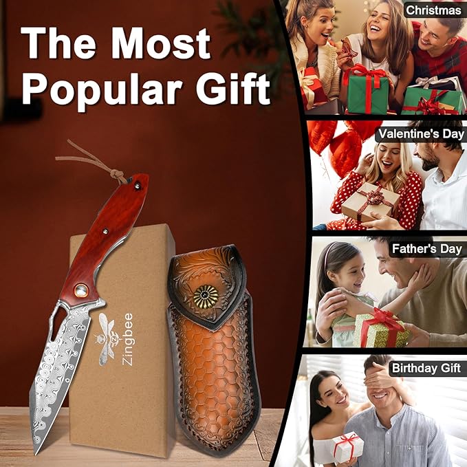 Damascus Pocket Knife 3.5" Damascus Steel Blade Foldable Knives with Wooden Handle EDC Camping