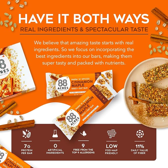 88 Acres Granola Bars | Cinnamon Maple | Gluten Free, Nut-Free Oat and Seed Snack Bar | Vegan & Non