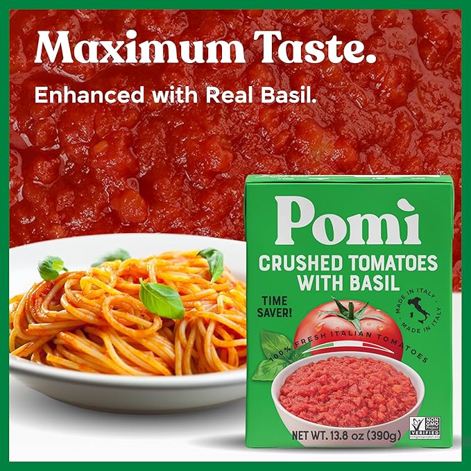 Pomì Crushed Tomatoes with Basil - Creamy, Velvety Italian Sauce, No Salt, Additives/Preservatives