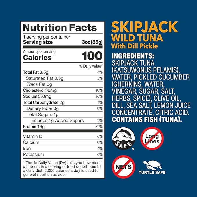 Wild Planet Wild Skipjack Tuna with Dill Pickle Tinned Fish, Canned Tuna, Sustainably Wild-Caught