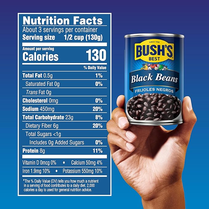 BUSH'S BEST 15 oz Canned Black Beans, Source of Plant Based Protein and Fiber, Low Fat, Gluten