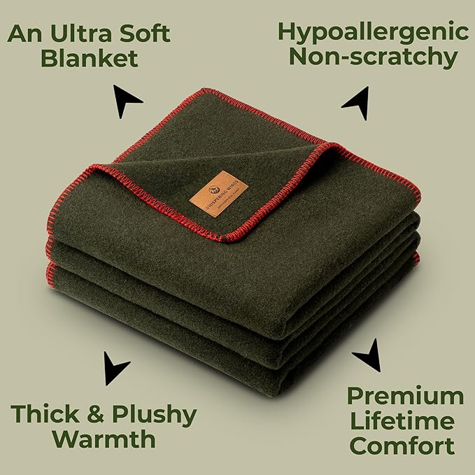 Whispering Winds 100% Wool Blanket - Premium Ultra-Soft, Thick, Warm, Large 60″x 84″ Bed & Camping
