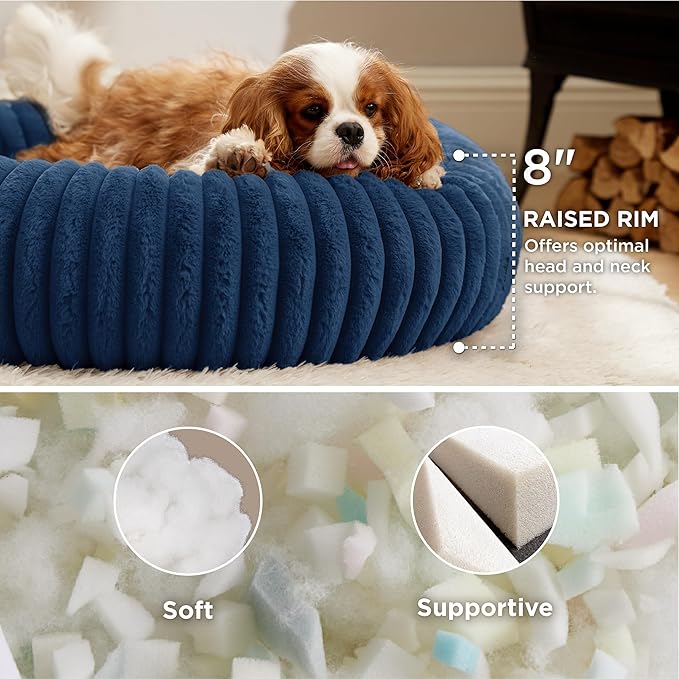 Bedsure Donut Medium Dog Bed - Washable Faux Fur with Corduroy Fleece & Anti Slip Bottom, Round Pet