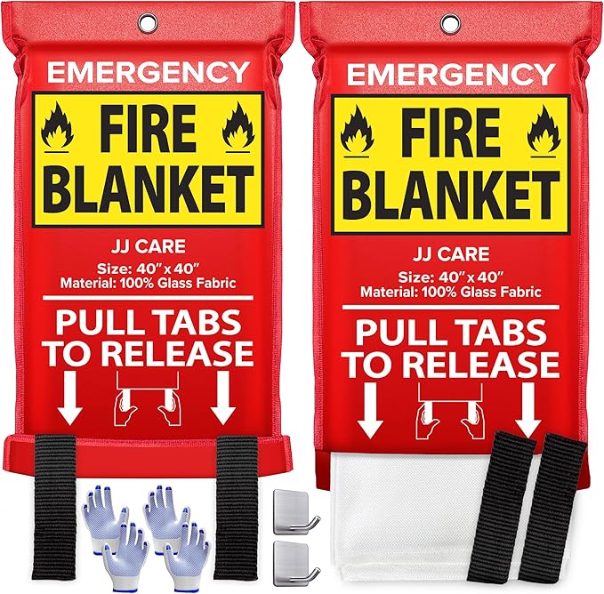JJ CARE Fire Blanket ??2 Packs with Hooks and Gloves ??Emergency Fire Blanket for Home & Kitchen