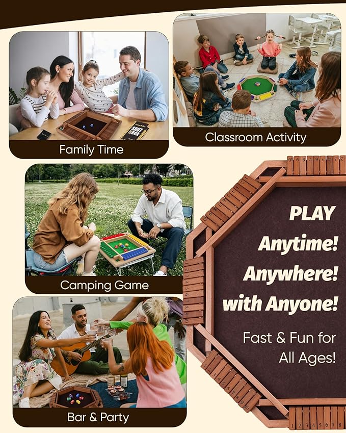 Deluxe 2-8 Player Original Shut The Box Game, Math Dice Board Game for Family Night Classroom