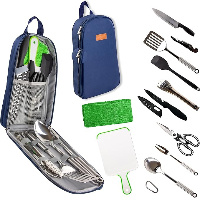 12 Pcs Camp Cooking Utensil Set & Outdoor Kitchen Gear Cookware Kit, Portable Compact Carry Case