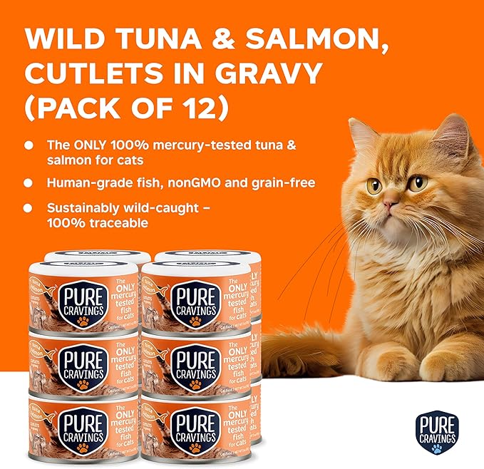 Pure Cravings Wet Cat Food Canned Tuna and Salmon Cutlets in Gravy, 100% Mercury-Tested, Moist Can
