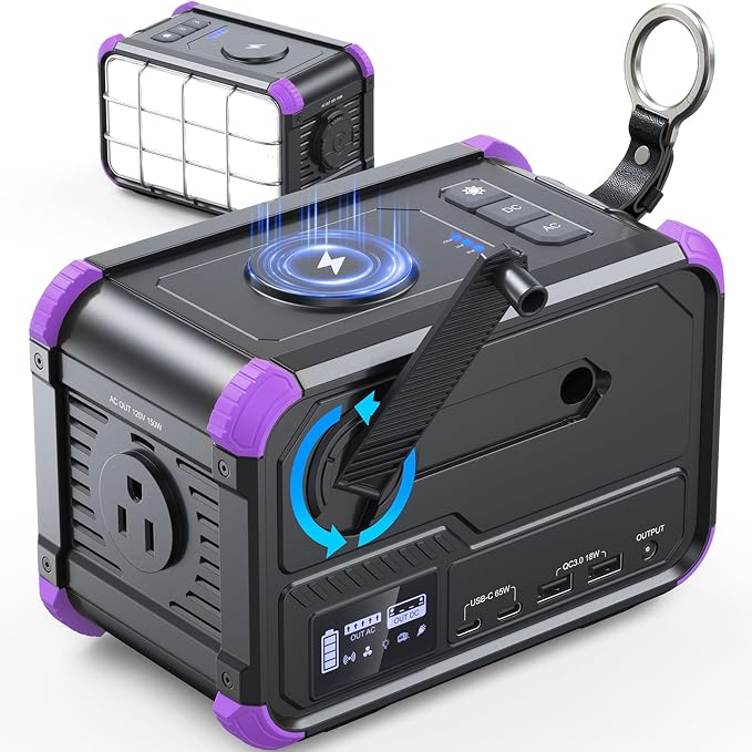 BROWEY Portable Power Station 153Wh Small Solar Generator with Hand Crank 120V 150W AC Outlet