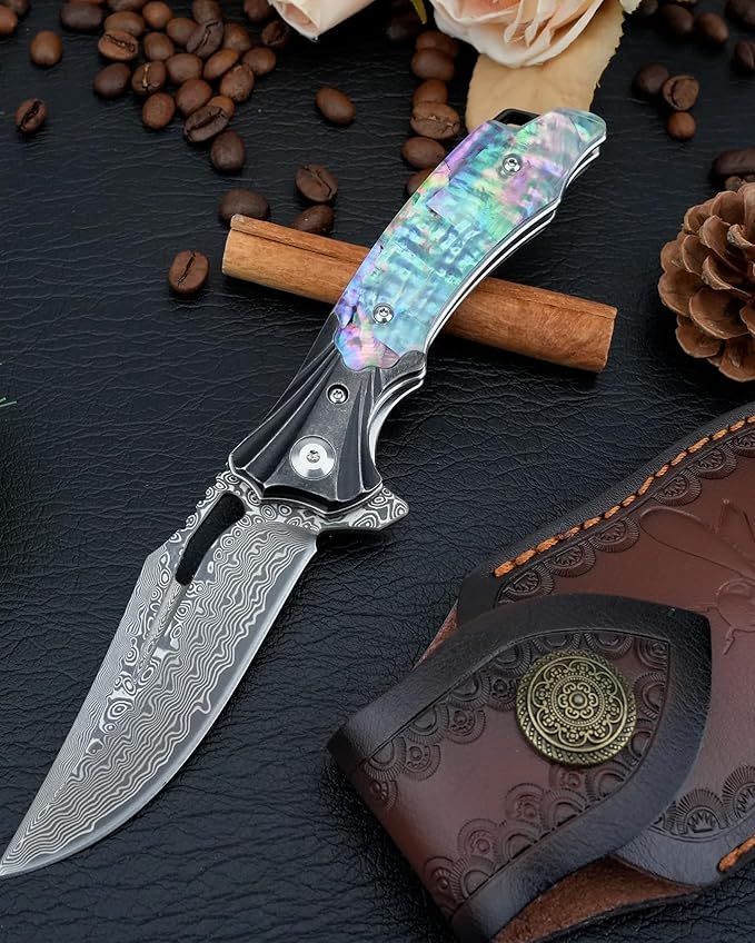 Damascus Pocket Knife for Women, 3.15" VG10 Damascus Steel Blade EDC Folding Knife with Sheath