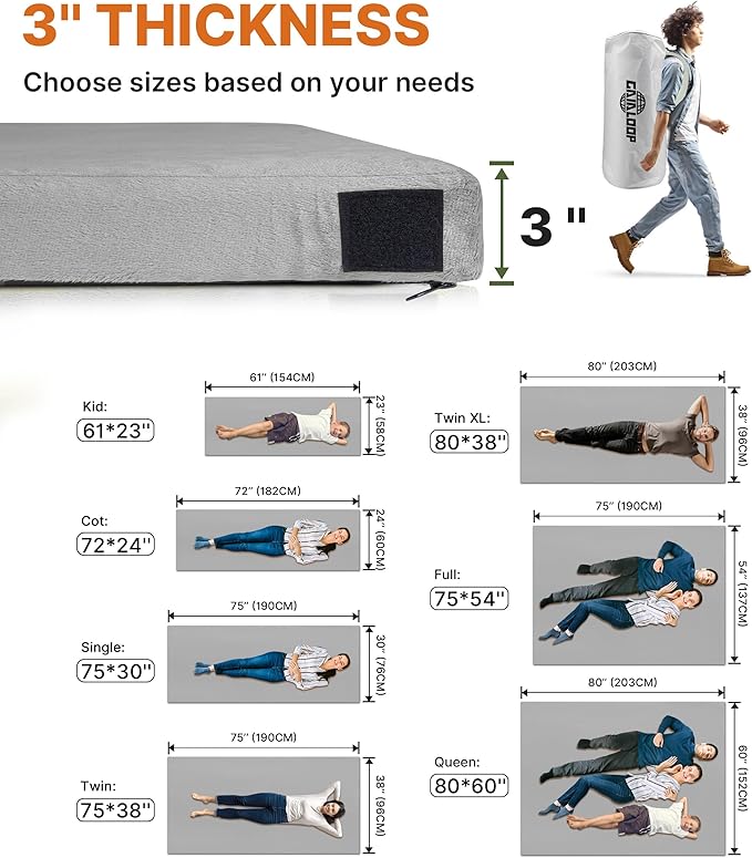 3 Inch GAIALOOP Thick Memory Foam Camping Mattress Sleeping Pad [Car/Tent/Cot] Glamping Portable