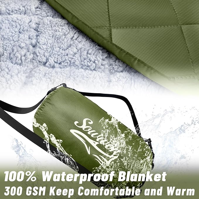 Waterproof Outdoor Blanket 82”X 55” Packable, Stadium Blankets for Camping with Sherpa Fleece