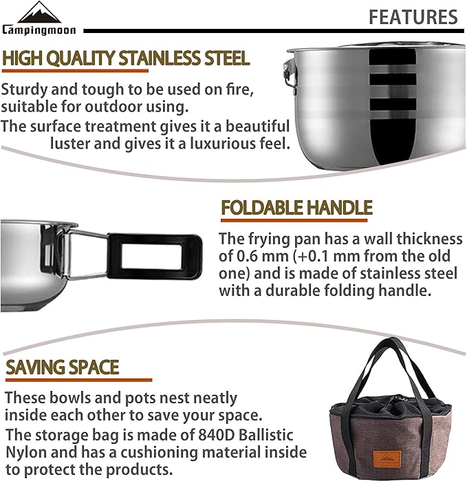 CAMPINGMOON Camping Cookware Set Stainless Steel Outdoor Nesting Cooking Mess Kit Pots Pans Bowls
