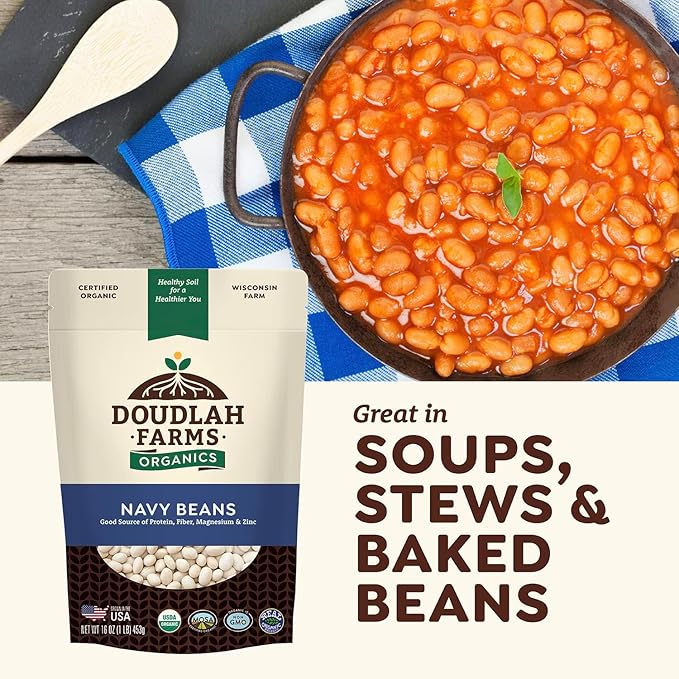 Organic Navy Beans 1 lb - Non-GMO, USDA Organic, Tested Clean Certified, Vegan - Rich in Fiber &