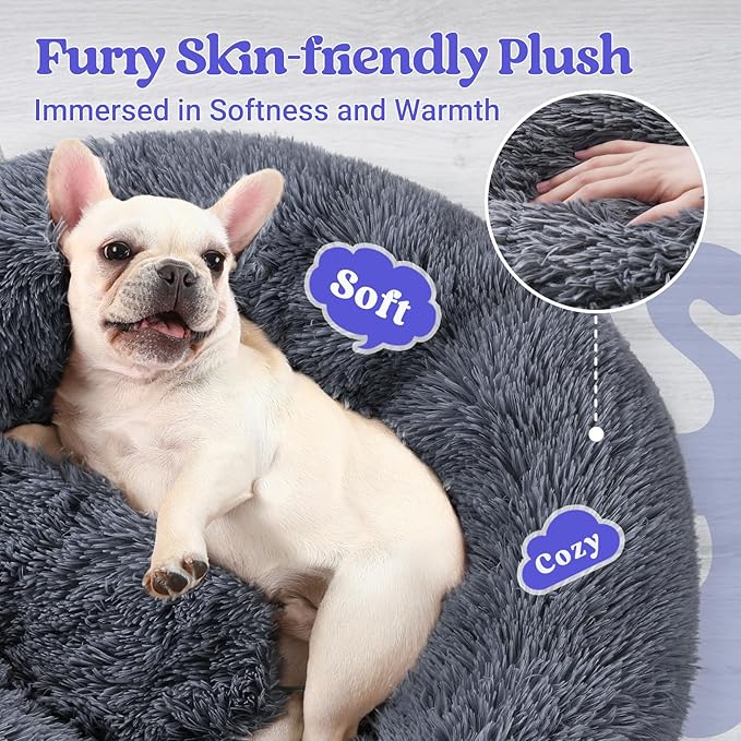 rabbitgoo Dog Bed for Small, 24 inches Machine Washable, Fluffy Donut Pet Bed Anti-Slip, Calming
