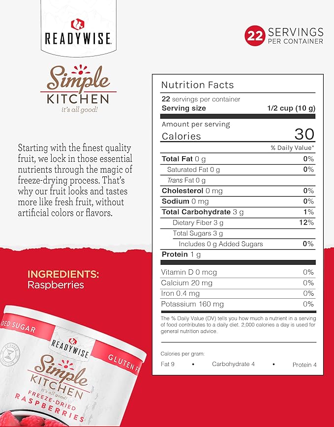 READYWISE - Simple Kitchen Freeze Dried Raspberries, 22 Servings, Vegan, Gluten Free, Healthy