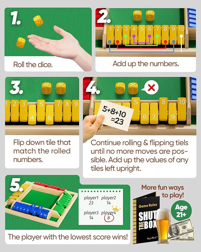 Classic Original Shut The Box Game, Math Dice Board Game for Family Night Classroom Travel, Wooden