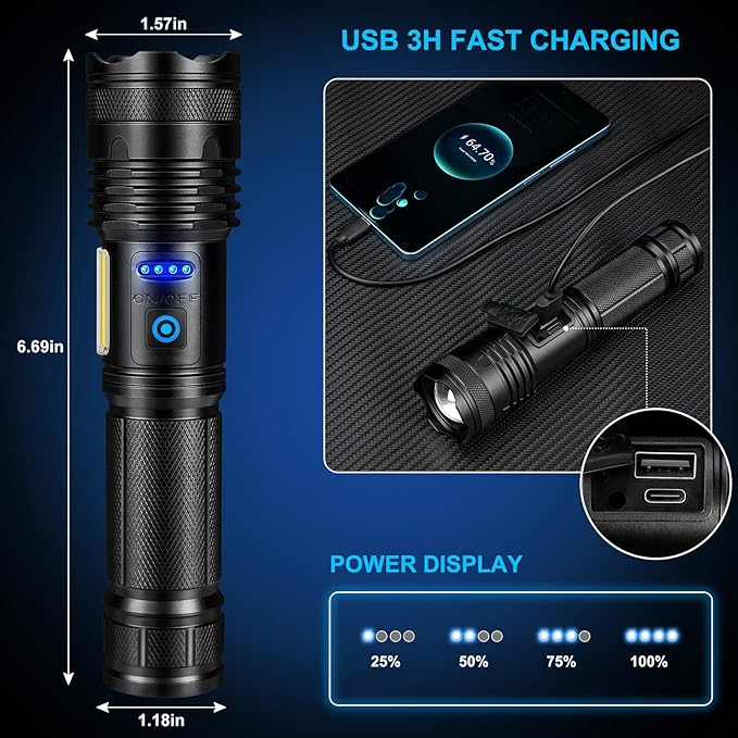 Alicegirl Rechargeable Flashlights High Lumens, 99000LM Super Bright Flashlight, Adjustable