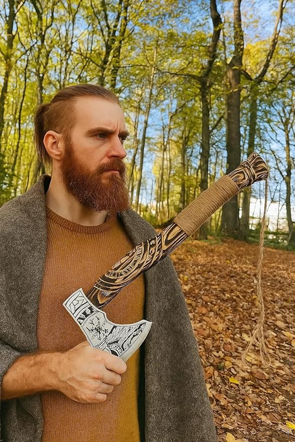 Hand Forged Viking Axe – Carbon Steel Blade with Ash Wood Handle and Leather Sheath, Camping