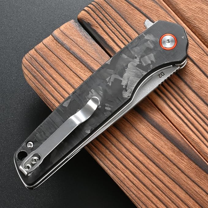 FF19 Folding Pocket Knife，D2 Steel Blade Carbon Fiber Handle EDC Tool Knife for Outdoor Camping