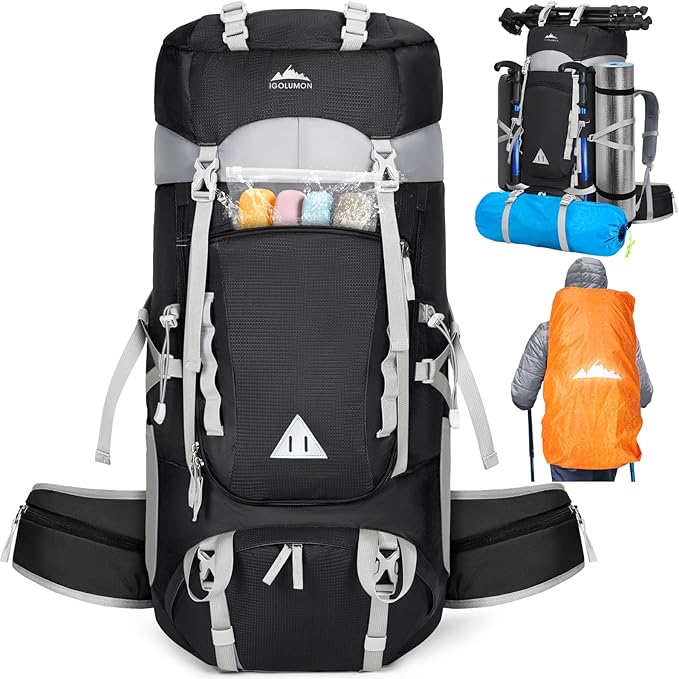 IGOLUMON 60L Hiking Backpack Waterproof Camping Backpack with Rain Cover Large Lightweight