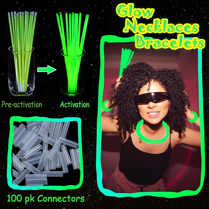 ILHSTY 100 pk 8'' Green Glow Sticks Glow Necklaces In The Dark Party Favors Supplies Bright