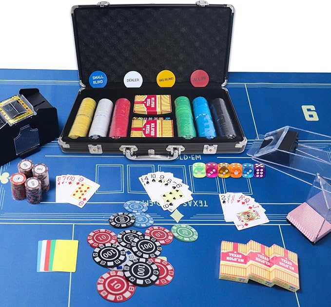 Poker Set, Casino Game Set Blackjack Set with Casino Chips, Deck Shuffler, 300pcs Poker Chips