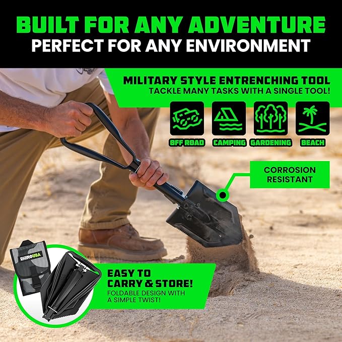 RHINO USA Folding Survival Shovel w/Pick - Heavy Duty Carbon Steel Military Style Entrenching Tool