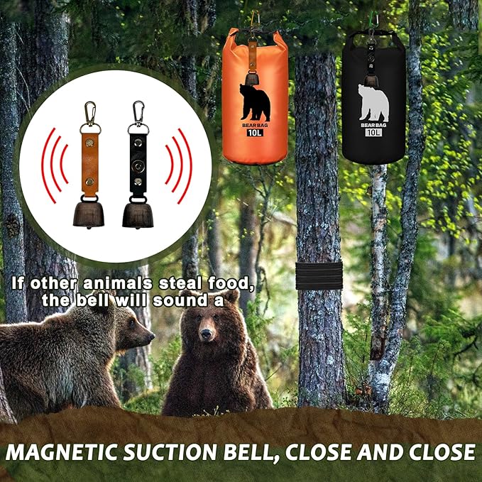 2 Pcs 10L Waterproof Bear Bags with 4 Nylon Ropes, 4 Clips & 2 Rock Pockets & 2 Small Warning Bells