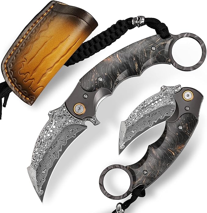 Handmade Damascus steel Folding Pocket EDCKnife，with cowhide sheath And pocket clipï¼?.8in blade
