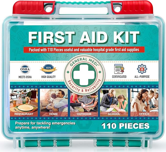 General Medi 110 Pieces Small First Aid Kit - HardCase First Aid Box - Contains Premium Medical