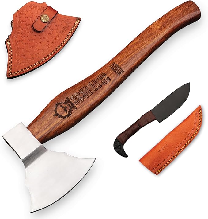 Bearded Viking Axe with Gift Viking Knife Also Leather Sheath | HandForged Carbon Steel bushcraft