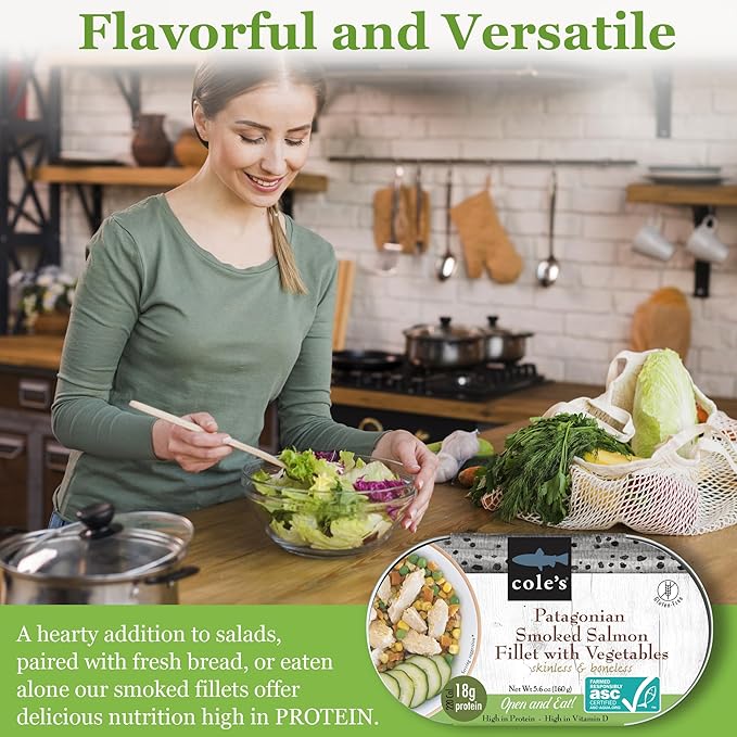 COLE’S - Patagonian Smoked Salmon Fillet with Vegetables| Ready to Eat Meal | 5.6 oz Canned &