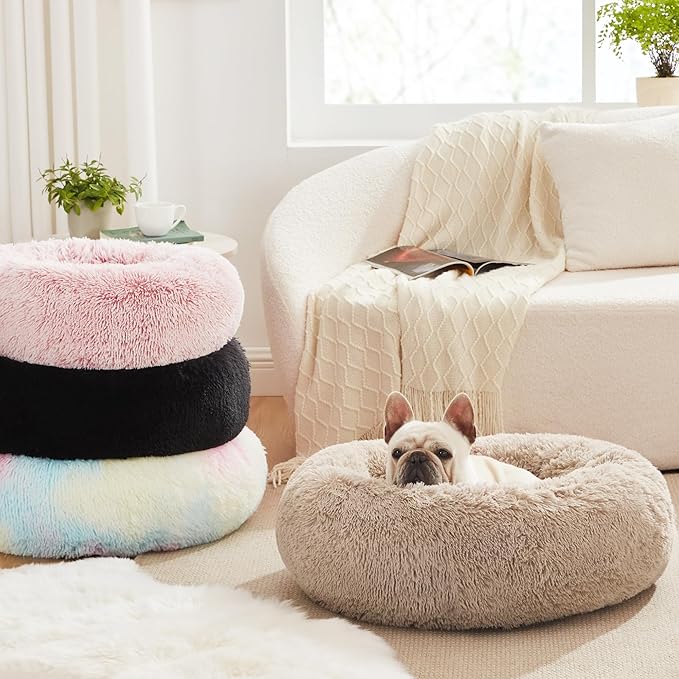 Love's cabin Calming Dog & Cat Bed, Cat Bed for Indoor Cats, Anti-Anxiety Donut Round Bed, Fluffy