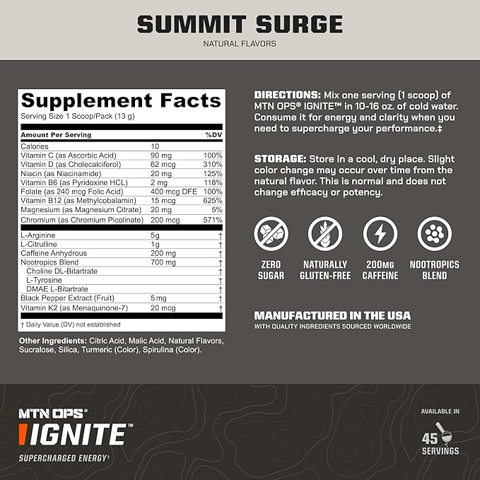 MTN OPS Ignite Energy Drink Powder, Gluten Free Nootropic Supplement Drink Mix, L Arginine, L
