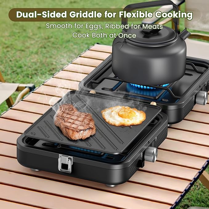 OGERY 2-Burner Foldable Camping Stove with Griddle (Textured & Smooth) and Carrying Bag, Portable