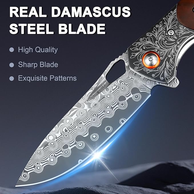 Damascus Pocket Knife with Sheath, 3.35" Damascus Steel Blade Knife with Wooden Handle, EDC Pocket