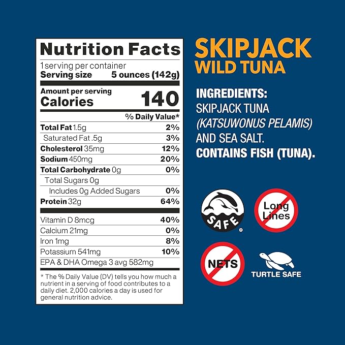 Wild Planet Skipjack Wild Tuna, Sea Salt, Canned Tuna, Pole & Line Sustainably Wild-Caught