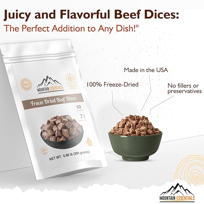 MOUNTAIN ESSENTIALS Freeze-Dried Diced Beef ??Fully Cooked Meat | Pre-Cooked | 240g High Protein