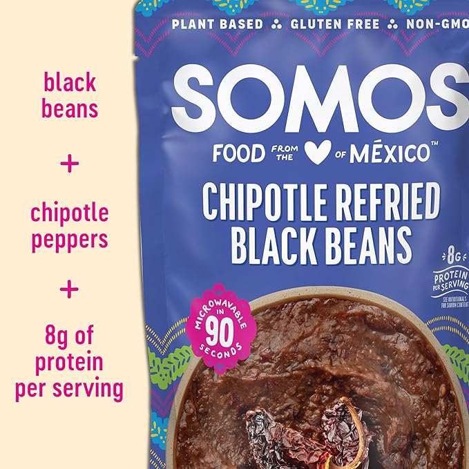 SOMOS Chipotle Refried Black Beans - Gluten Free, Non-GMO, Vegan & Microwavable Meals Ready to Eat