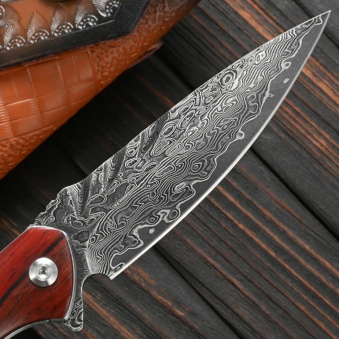Sitivien ST242 Damascus Steel Folding Knife,Flipper Liner Lock Knife with Damascus VG10 Core