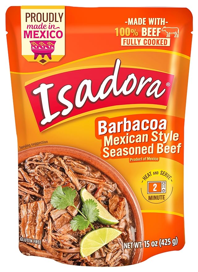 Isadora Fully Cooked Barbacoa Mexican Style 15 oz, Ready-to-eat, Seasoned Beef, Instant Meal, Shelf